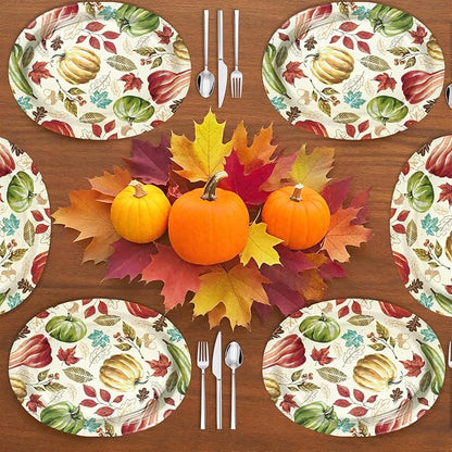 50 Pcs Fall Oval Paper Plates 10" x 12" Large Vintage Red Green Pumpkin Plates Disposable Heavy Duty Thanksgiving Platter for Fall Thanksgiving Party Decoration Holiday Harvest Festival Party Supplies