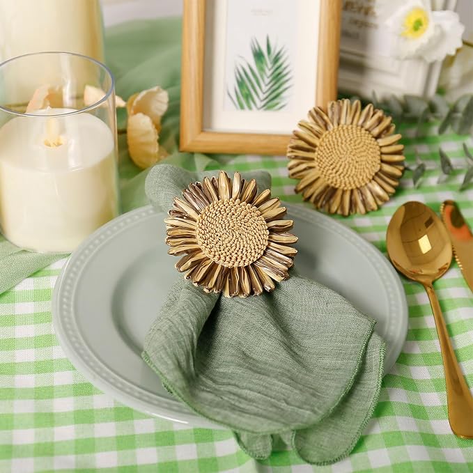 Handmade Sunflower Napkin Rings Set of 8, Bronze Raffia Daisy Napkin Ring - Image 5
