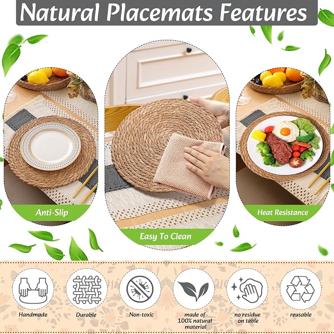 6 Sets Boho Decoration Placemats Round Woven Placemats, Cloth Napkins, Wood - Image 5