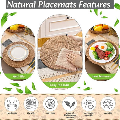 6 Sets Boho Decoration Placemats Round Woven Placemats, Cloth Napkins, Wood - Image 5
