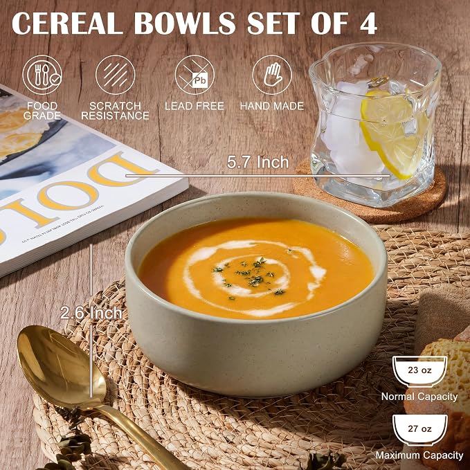 E-far Cereal Bowls Set of 4, 27oz Ceramic Deep Soup Bowls - Image 2