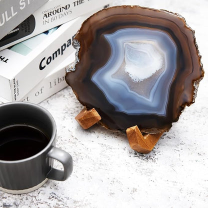 Luxury Lane Large Natural Brazilian Agate Slice Geode Rock Stone Drink Coaster with Wood Holder 4.7-5.5 inch Centerpiece Table Decoration, Ash Gray