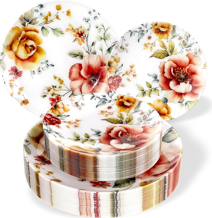 Morejoy 60pcs Floral Plastic Plates, Fancy Disposable Plates Sets | Heavy Duty by Morejoy