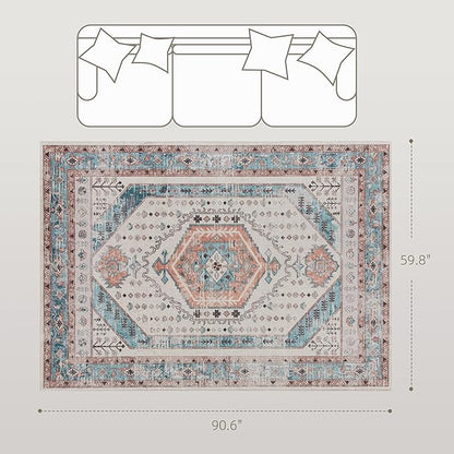 HOMCOM Washable Area Rug, 5'x7' Vintage Indoor Distressed Carpet, Retro Floor Cover Foldable, Floral Print Mat for Living Room, Bedroom, Dining Room, Brown and Blue