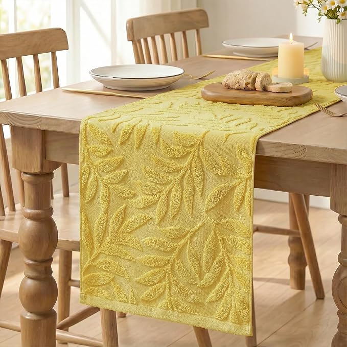 Artoid Mode Yellow Soft 3D Jacquard Leaves 100%Cotton Spring Table Runner - Image 6
