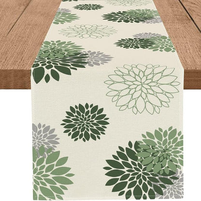 Sage Green Grey Table Runner Dahlia Pinnata Flower Beige Table Runners Modern by WHOMEAF