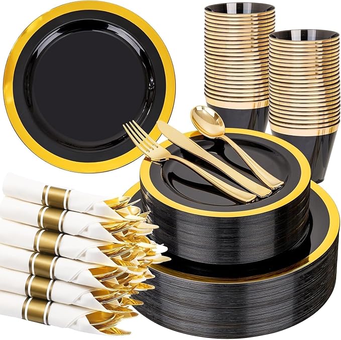 YOUBET 350PCS Black and Gold Plastic Plates by YOUBET