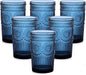 Vintage Glassware Drinking Glasses Set of 6,13 oz Blue Textured Flower Design Glass Water Tumblers，Embossed Striped Drinkware for Water,Cocktails,Juice,Iced Coffee