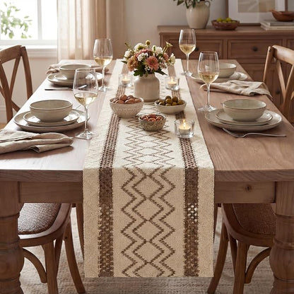 Artoid Mode Coffee Stripe Diamond Woven Table Runner 12x72 Inch | Holiday - Image 2