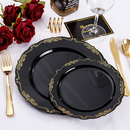 U-QE 100PCS Black and Gold Plastic Plates - Heavy Duty Black Disposable Plates Including 50PCS 10'' Dinner Plates & 50PCS 7.5'' Dessert Plates - Hard Plastic Plates for Party