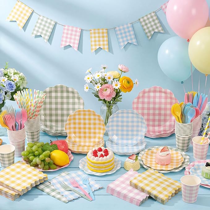450 Pcs Gingham Tableware Set Decorations, Serves 50 | Pastel Plaid Paper - Image 6