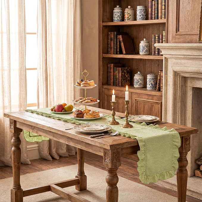 HunnmingRe Ruffle Trim Boho Table Runner Farmhouse Rustic Stripes Scalloped - Image 8