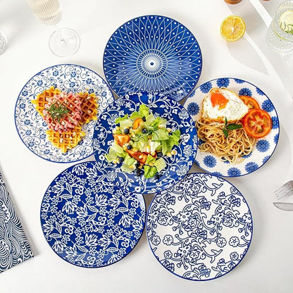 Ceramic Salad Plates Set - 8.5 Inch Small Round Dessert Dishes for Kitchen Dinner Pasta Appetizer Sandwich - Scratch Resistant Porcelain Microwave Oven Dishwasher Safe - Set of 6 - Vintage Blue