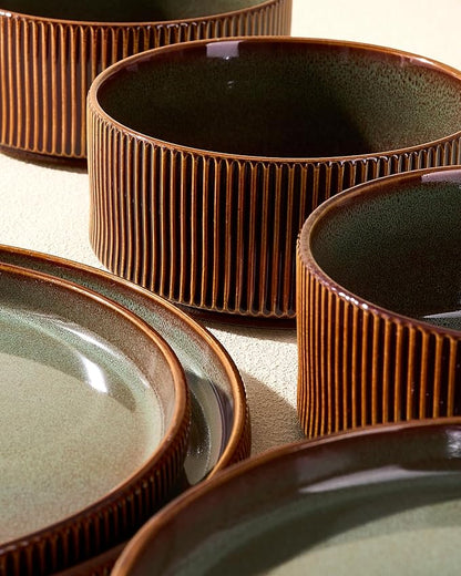 Ceramic Plates & Bowls Sets for 6, Handmade Reactive Glaze | Green Brown - Image 4