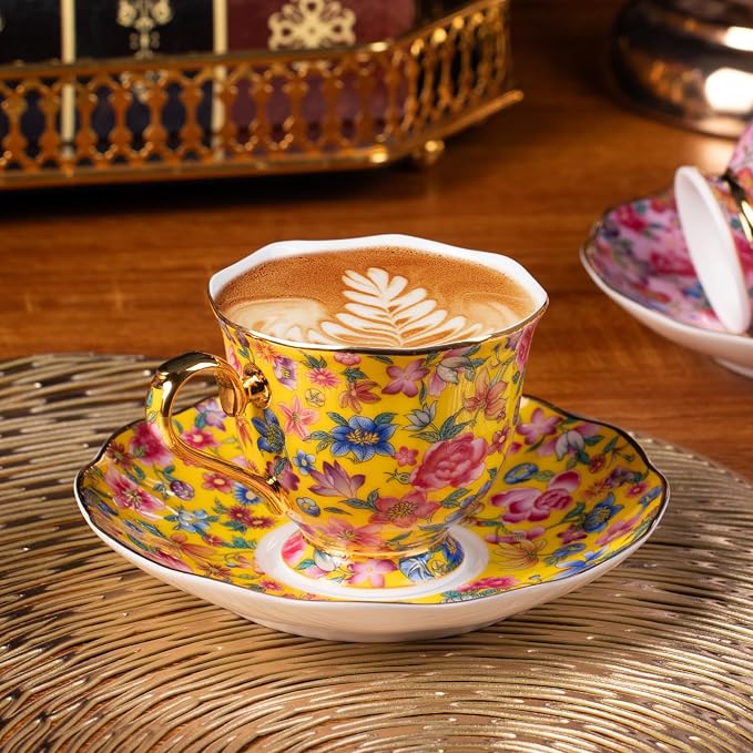 KAMMAK Tea Cup and Saucer, Ceramic Coffee Cups, 6.3 oz, Afternoon Tea and - Image 5