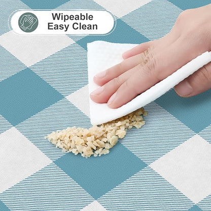 misaya Round Waterproof Vinyl Table Cloth, Buffalo Flannel Backed Tablecloth, Wipeable Plastic Table Cover for Dinner, Kitchen, Picnic (60", Aquamarine and White)