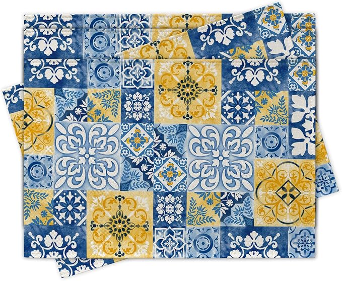 Moroccan Blue Ceramic Tile Placemats Set of 4 | Vintage Italian Amalfi Coast by Croar