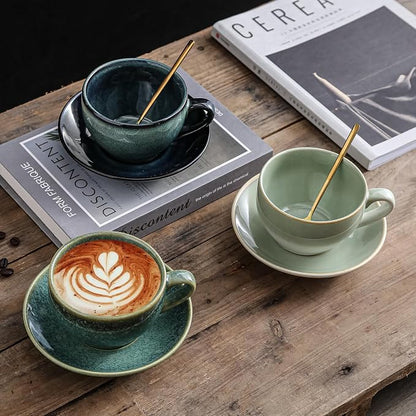 Porcelain Coffee Cup with Saucer Spoon, Vintage Design Ceramic Latte Art - Image 6