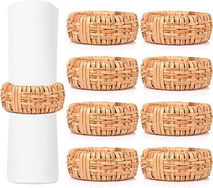 Woven Cane Napkin Rings for Table Settings, Textured Cane Napkin Holder Set of 8 by ALPHALivingHOME