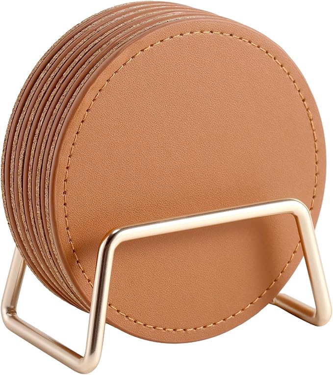 CASEGRACE Drink Coasters with Metal Holder Stand Set of 6, PU Leather Absorbent by Casegrace
