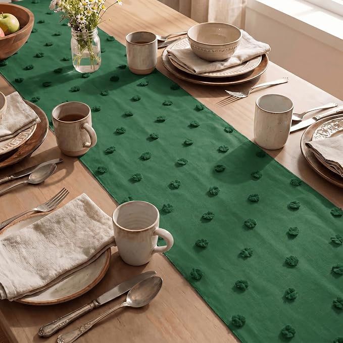Artoid Mode Forest Green Pom Pom Tulle Table Runner, Seasonal Christmas - Image 4
