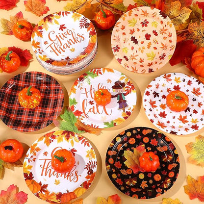 Umigy 120 Pcs Thanksgiving Paper Plates 7 Inch Hello Fall Dessert Plates, Fall Mable Leaves Dinner Disposable Tableware Harvest Party Dessert Tableware for Give Thanks Theme Autumn Thanksgiving Party