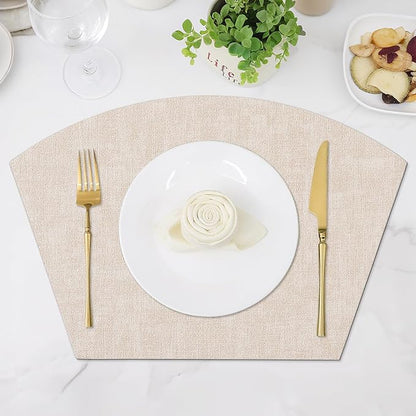 Homaxy Round Table Placemats Set of 4, Washable Wedge Shaped Faux Leather Table Mats, Wipeable Kitchen Dinner Place Mats for Indoor Outdoor, Beige