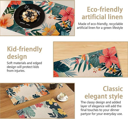 Tropical Floral 12x18 Inch Placemats Set of 6 - Orange Waterproof, Non-Slip & Washable Table Mats for Kitchen & Dining Table Placemats
