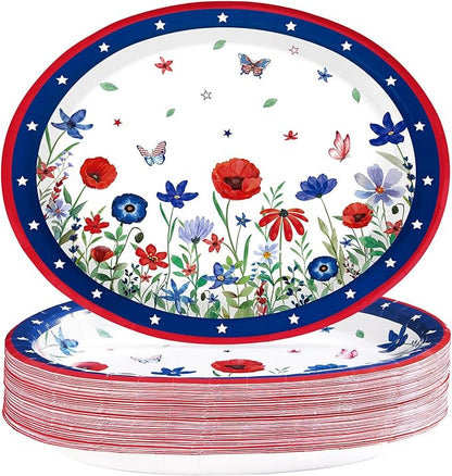 Grencian 50 Pcs 4th of July Flower Oval Paper Plates 10" × 12" Heavy Duty American Flag Plates Disposable Patriotic Platters for Independence Day Memorial Day Veterans Day Party Supplies Decor