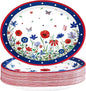 Grencian 50 Pcs 4th of July Flower Oval Paper Plates 10" × 12" Heavy Duty American Flag Plates Disposable Patriotic Platters for Independence Day Memorial Day Veterans Day Party Supplies Decor