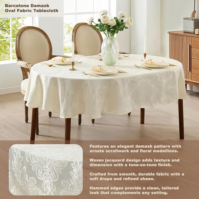 Newbridge Barcelona Luxury Damask Fabric Tablecloth, 60” Wide x 102” Oval - Image 2