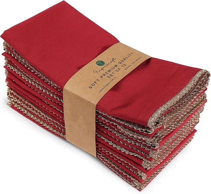 FINGERCRAFT Dinner Cloth Napkin Cotton Blend 12 Pack Mitered Corners with Elegant Golden Lace for Everyday Use Napkins are Pre Shrunk and Good Absorbency Wedding Christmas Special Color Tango Red