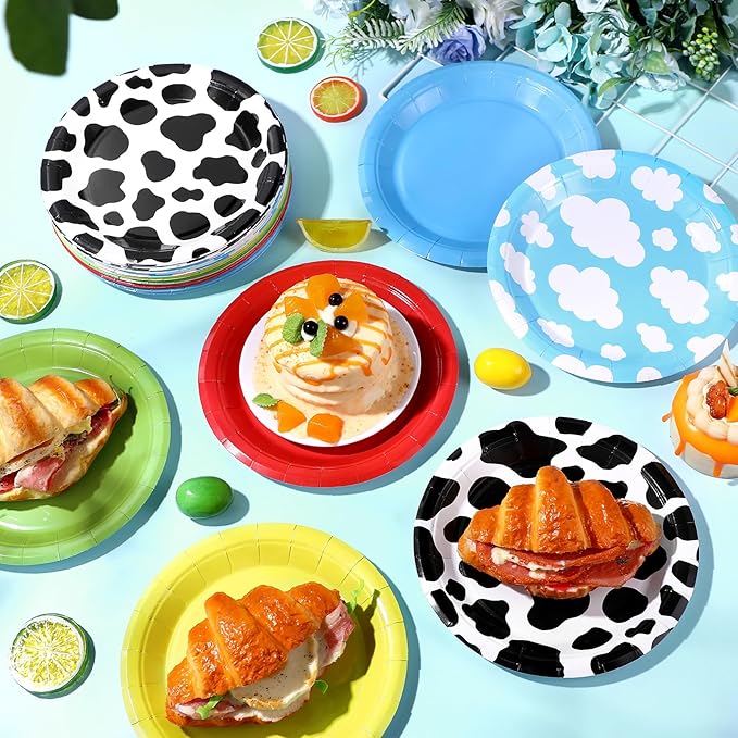 60 Pcs 7 Inch Toy Inspired Paper Plates Cow Pattern Cloud Plates Decorations Yellow Red Blue Green Disposable Dessert Dish for Party Farm Themed Birthday Party Supplies