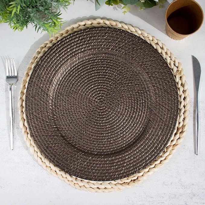Efavormart 6 Pack | 13" Natural Brown Acrylic Plastic Rattan-Like Charger Plates - Image 6