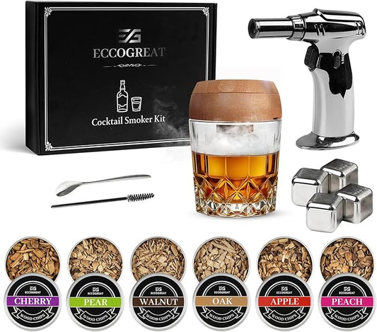 Whiskey Smoker Kit with Torch & 6 Flavors Wood Chips - Premium Bourbon Cocktail Smoker Set,Old Fashioned Drink Smoker Kit, for Men, Dad, Husband (Butane Not Included)