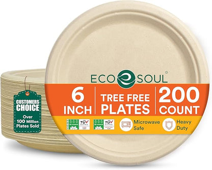 ECO SOUL 6 Inch Compostable Disposable Paper Plates [200 Pack] Food Safe 100% Virgin Bagasse Pulp Heavy Duty Biodegradable Microwave Safe Small Round Dessert Plate for Party, Picnic & BBQ (Brown)