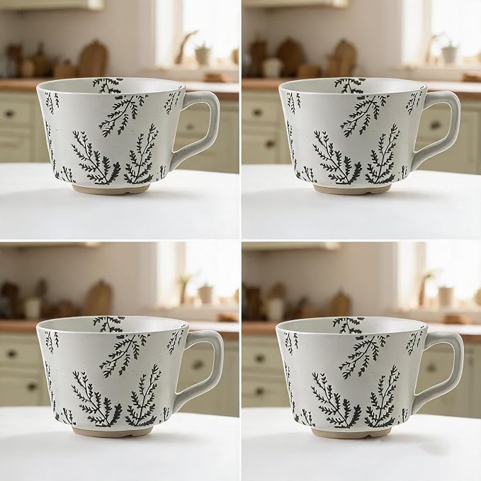 4 Pack Speckled Ceramic Coffee Mugs, 12oz Vintage Green Fern Leaf Large Tea Cups - Image 8