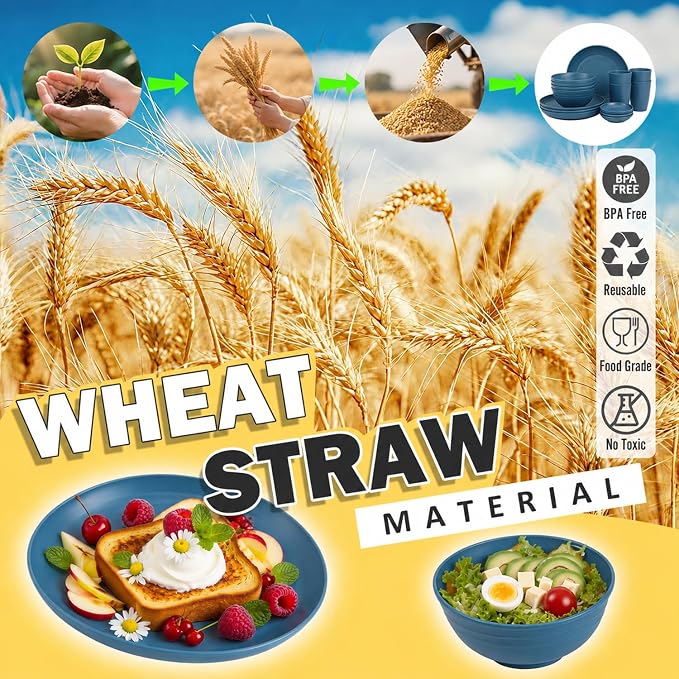 16 PCS Wheat Straw Plates and Bowls Sets, Kids Dishes Dinnerware Sets - Image 6
