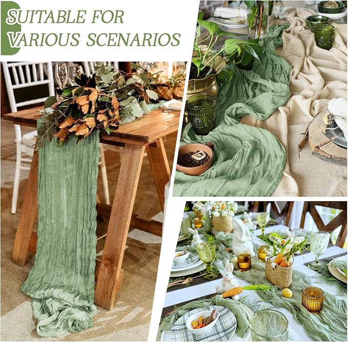 3 Pack Sage Green Cheesecloth Table Runner 17x108 Inch Semi Sheer Boho Gauze - Image 3