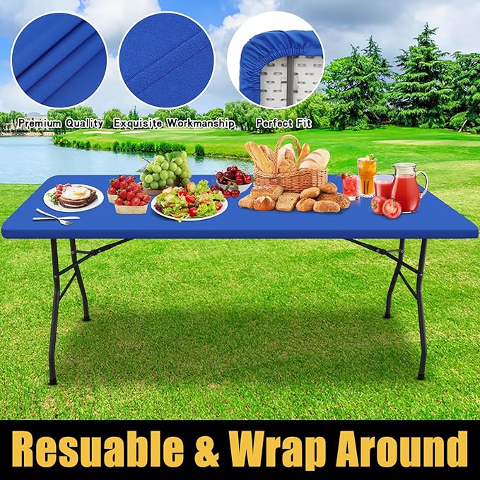 Smiry Rectangle Picnic Table Cloth, Waterproof Elastic Fitted Tablecloths for 8 Foot Tables, Washable Polyester Table Cover for Camping, Indoor and Outdoor (Blue, 36"x96")