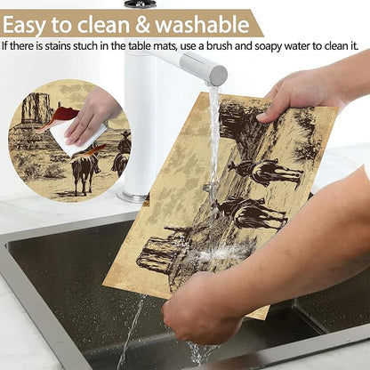 Vintage Western Cowboy 12x18 Inch Placemats Set of 6 - Waterproof, Non-Slip & Washable Table Mats for Kitchen & Dining Table Placemats
