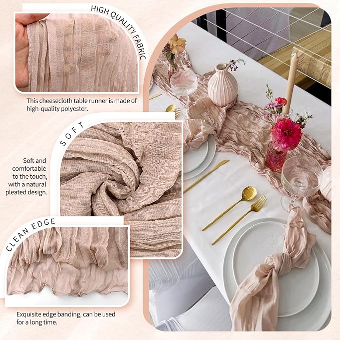 Showgeous 2 Pack Dusty Pink Cheesecloth Table Runners Boho Wedding Decor | - Image 3
