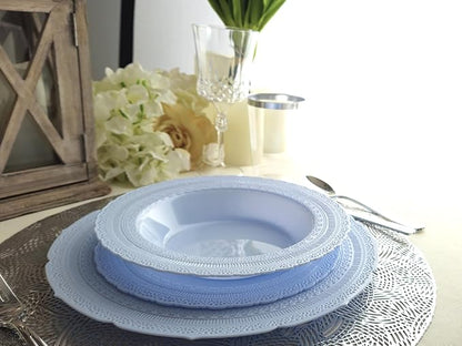 " OCCASIONS " 50 Plates Pack (25 Guests)-Extra Heavyweight Vintage Wedding Disposable/Reusable Plastic Plates -25x11'' Dinner + 25x8.25'' Salad/dessert (Chateau Collection Blue)