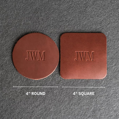 Ox & Pine Personalized Leather Coaster - Sold Individually or in Sets of 4 - Customize Inscription - 100% Full-Grain Leather – 4" Round or 4" Square (Square, Stone Natural, 1 Individual Coaster)