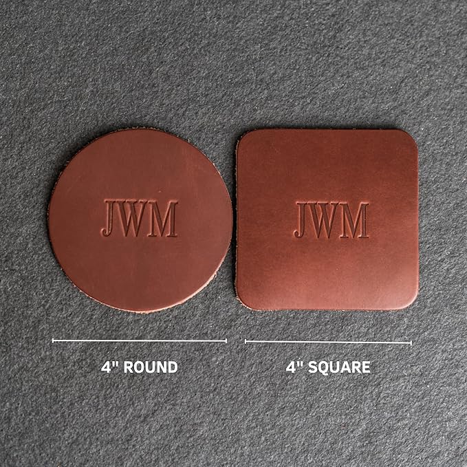 Ox & Pine Personalized Leather Coaster - Sold Individually or in Sets of 4 - Customize Inscription - 100% Full-Grain Leather – 4" Round or 4" Square (Square, Stone Natural, Set of 4 Coasters)