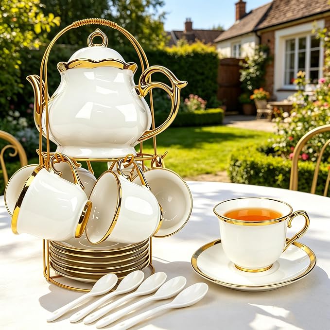 20 Pcs Porcelain Tea Set with Metal Holder, Adult Tea Set Gift, Large European - Image 4