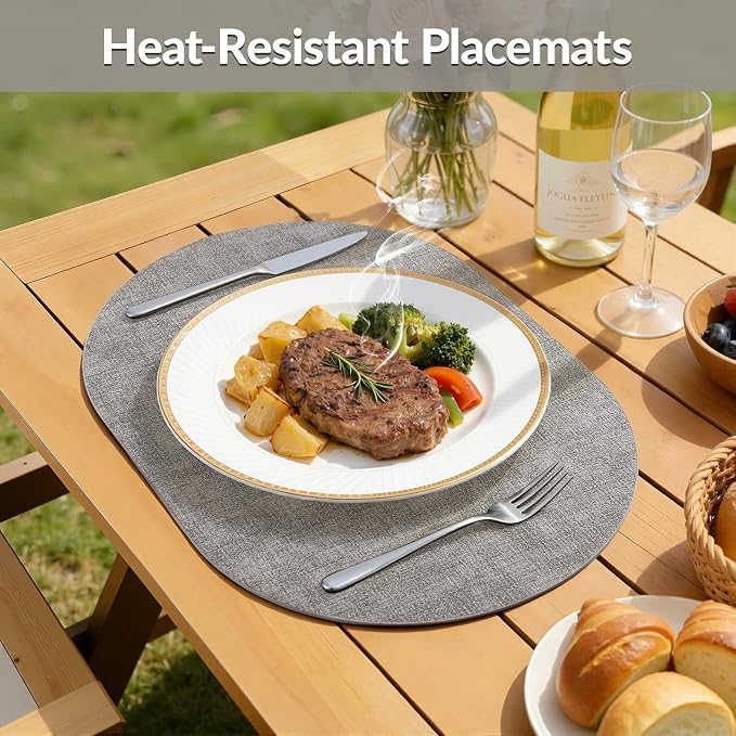 Placemats Set of 4, 11.8 x 17 Inch, Light Grey | Heat Resistant Oval Faux - Image 4