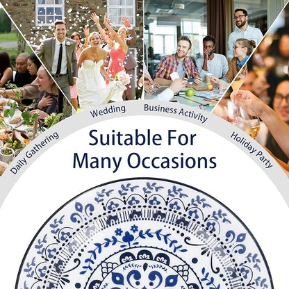 Hioasis 60pcs Blue Plastic Plates Set - Floral Blue & White Porcelain Design, 10.25" Dinner & 7.5" Dessert Plates Disposable for Wedding (Dishwasher Safe, Traditional Style)