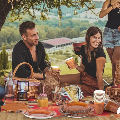 Kochorie 96 Pieces Wood Grain Slice Tableware Sets Rustic Wood Party Supplies Including Paper Plates, Napkins, Cups, Serves 24 for Camping Birthday Hunting Forest Party Decorations