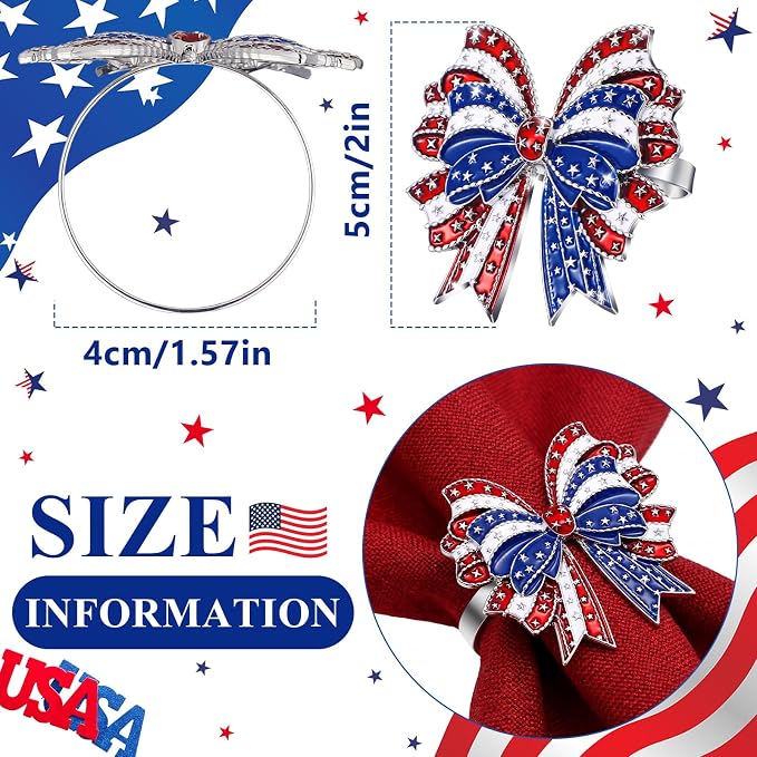 Geiserailie 6 Pieces Patriotic Napkin Rings 4th of July Bow Napkin Ring Holder - Image 2